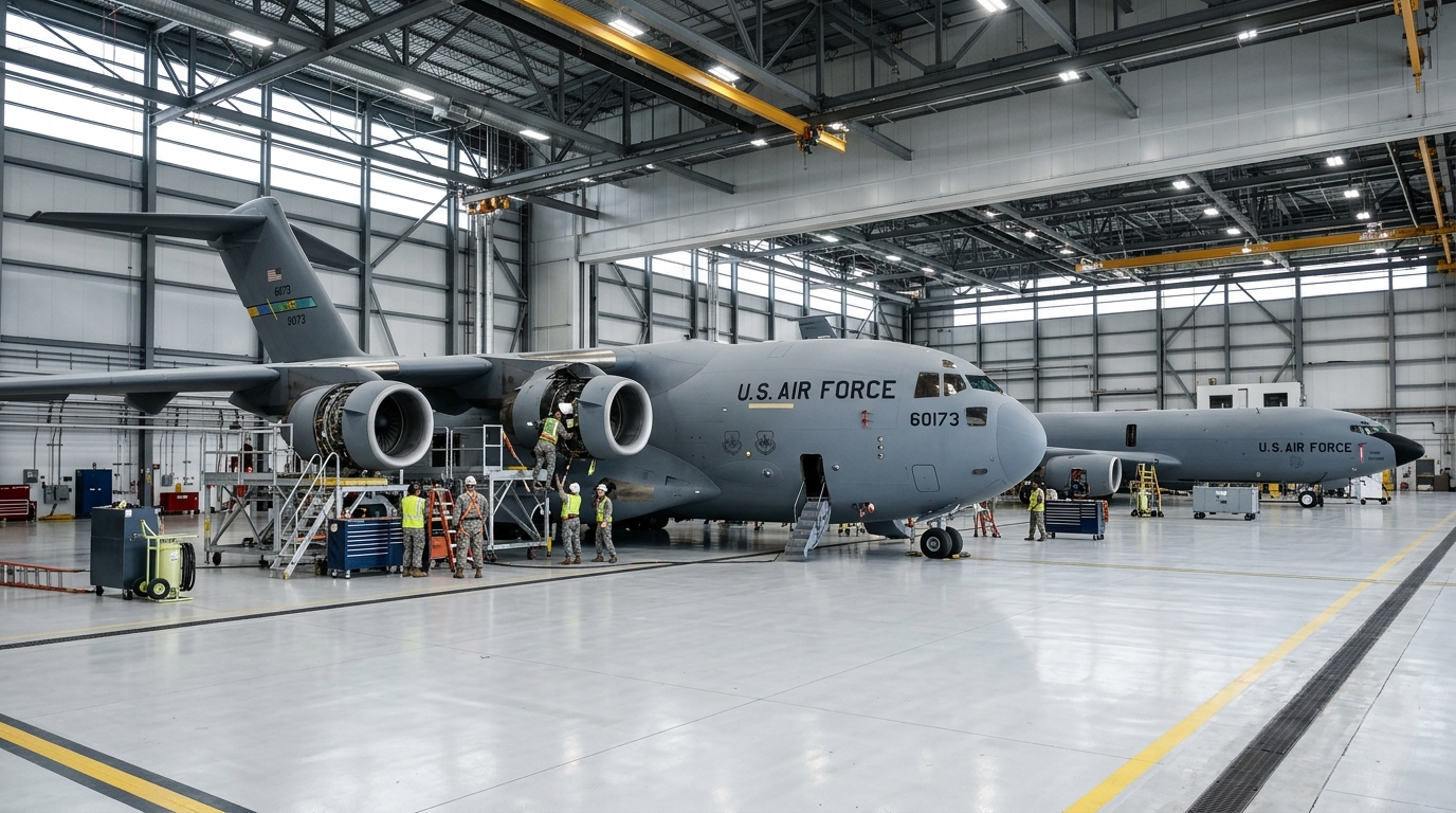 C-17 Globemaster III and KC-135 Stratotanker Aircraft Maintenance Inside Military Hangar