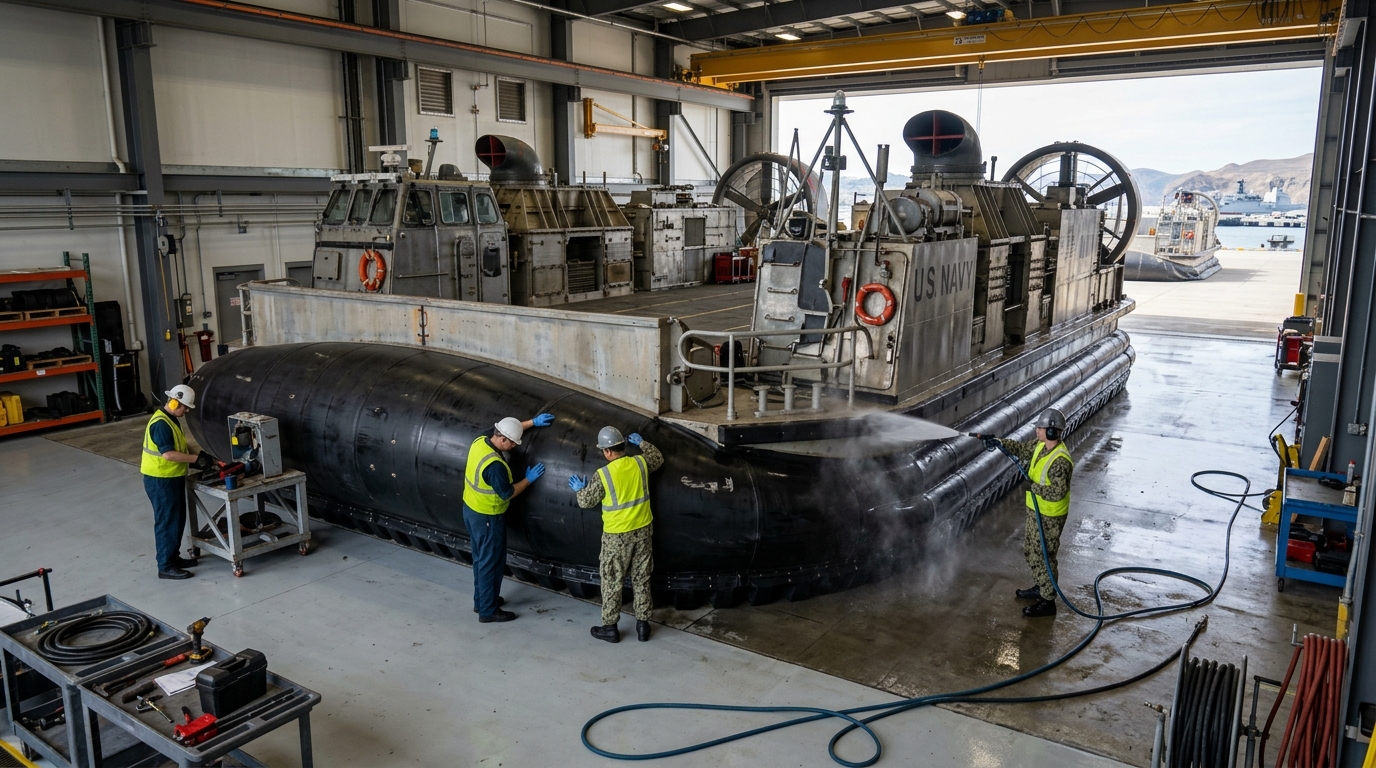 U.S. Navy LCAC Landing Craft Air Cushion Hovercraft in Maintenance Bay